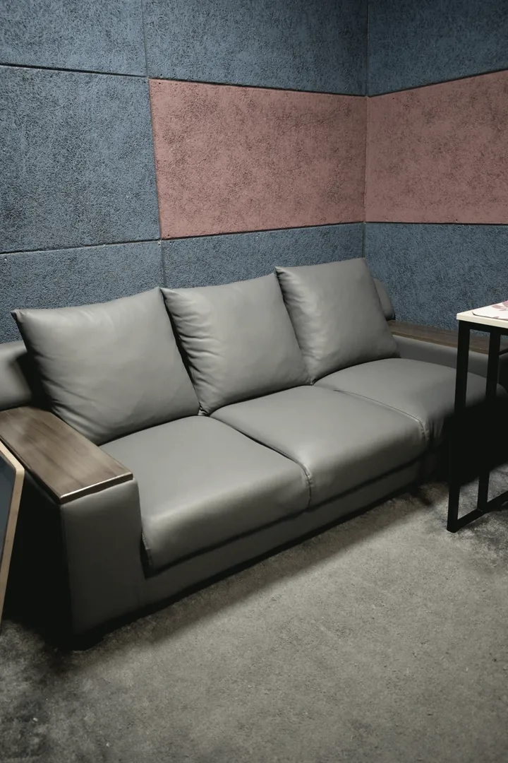 The listening couch against the treated wall of the live room.
