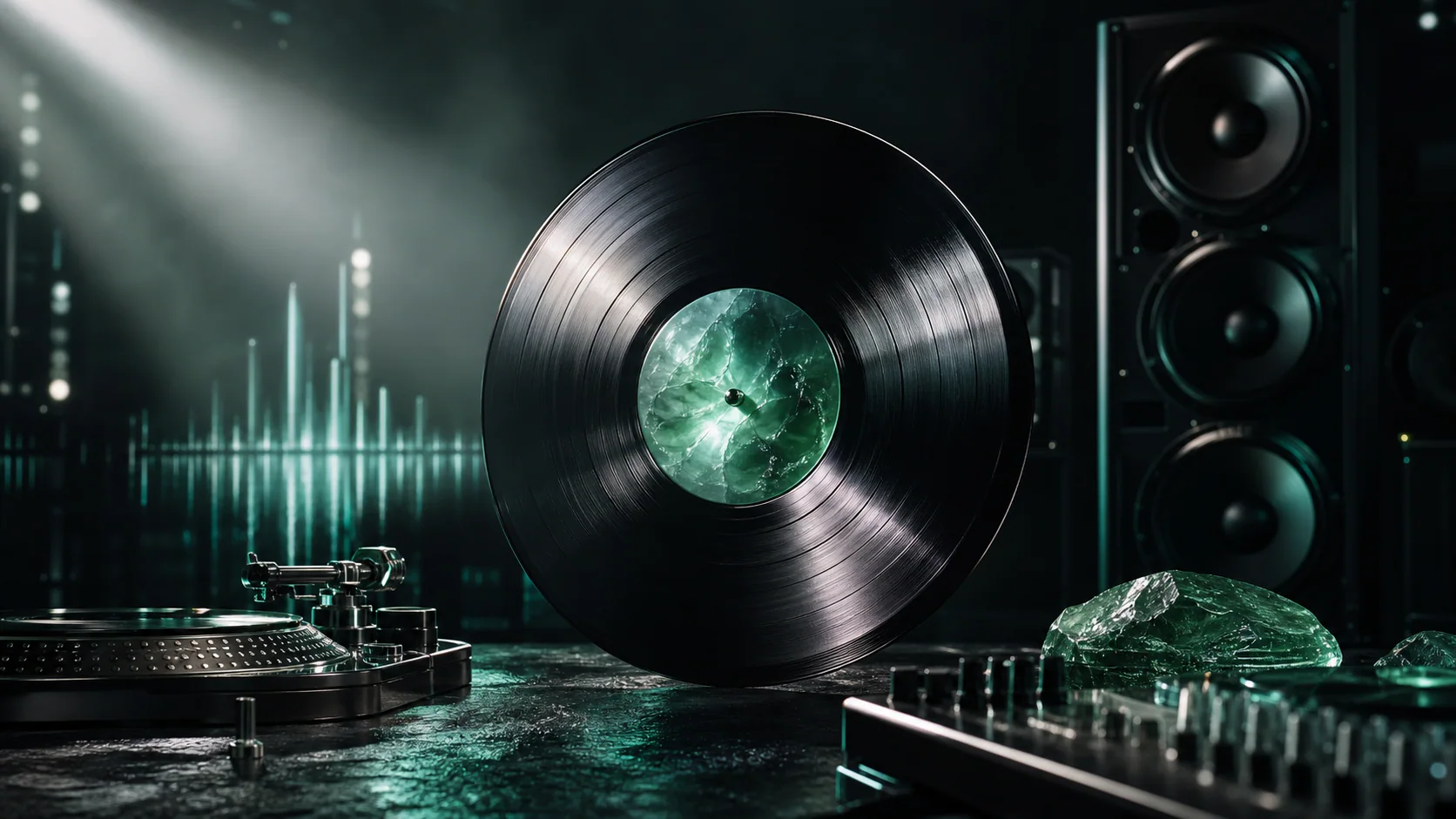 Black vinyl record with a jade stone centre in a dark recording environment