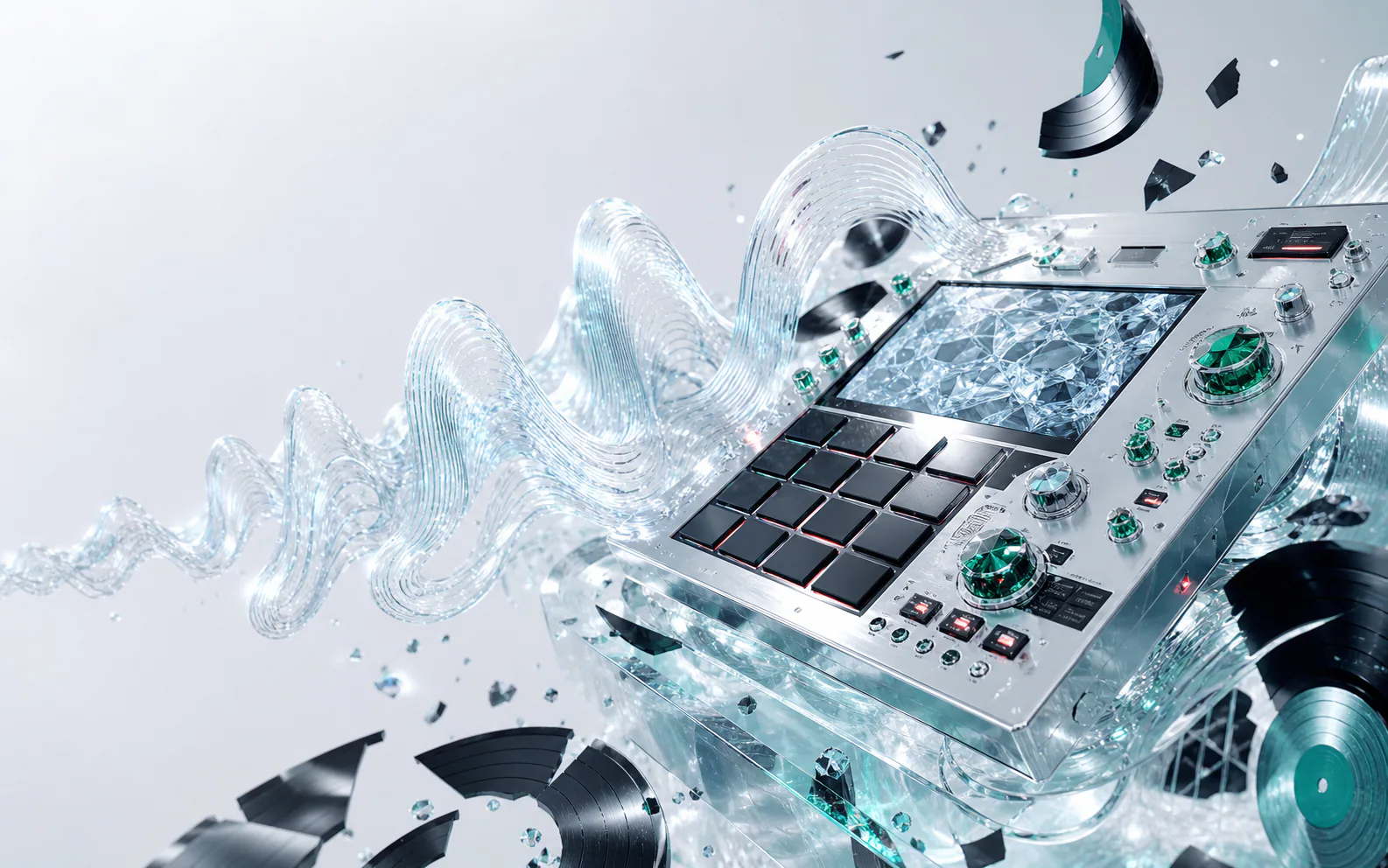 Chrome music sampler wrapped in a glass waveform